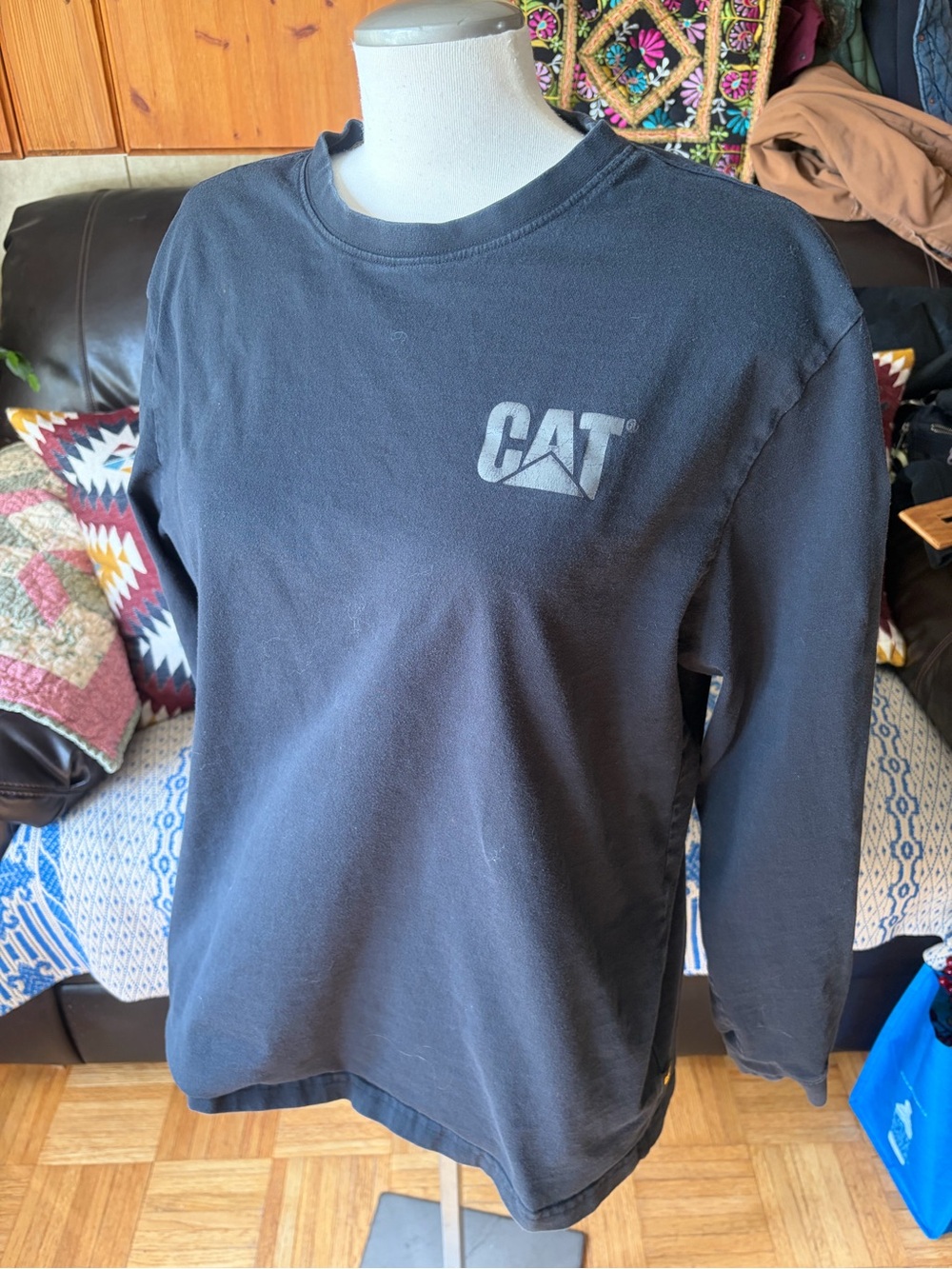 Men's Caterpillar Black Crewneck Grey Logo Cotton Long Sleeve Shirt Size Lrg
